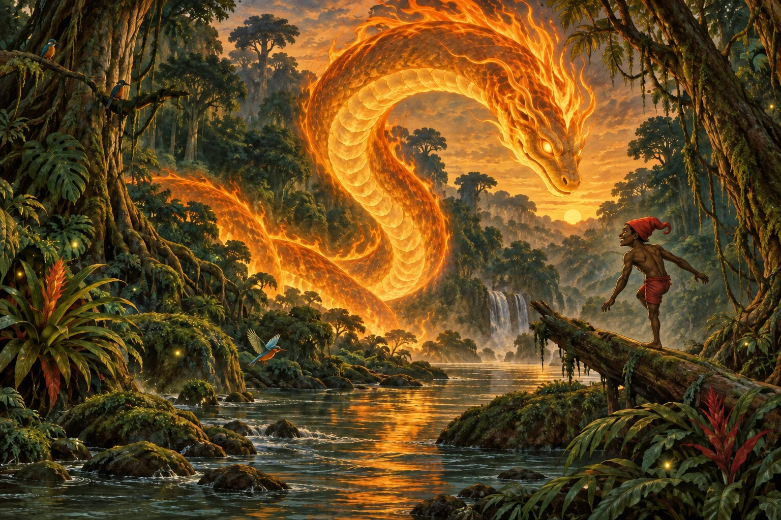 Na mata iluminada por vaga-lumes, o Saci encara uma enorme serpente de fogo que se curva sobre o rio.